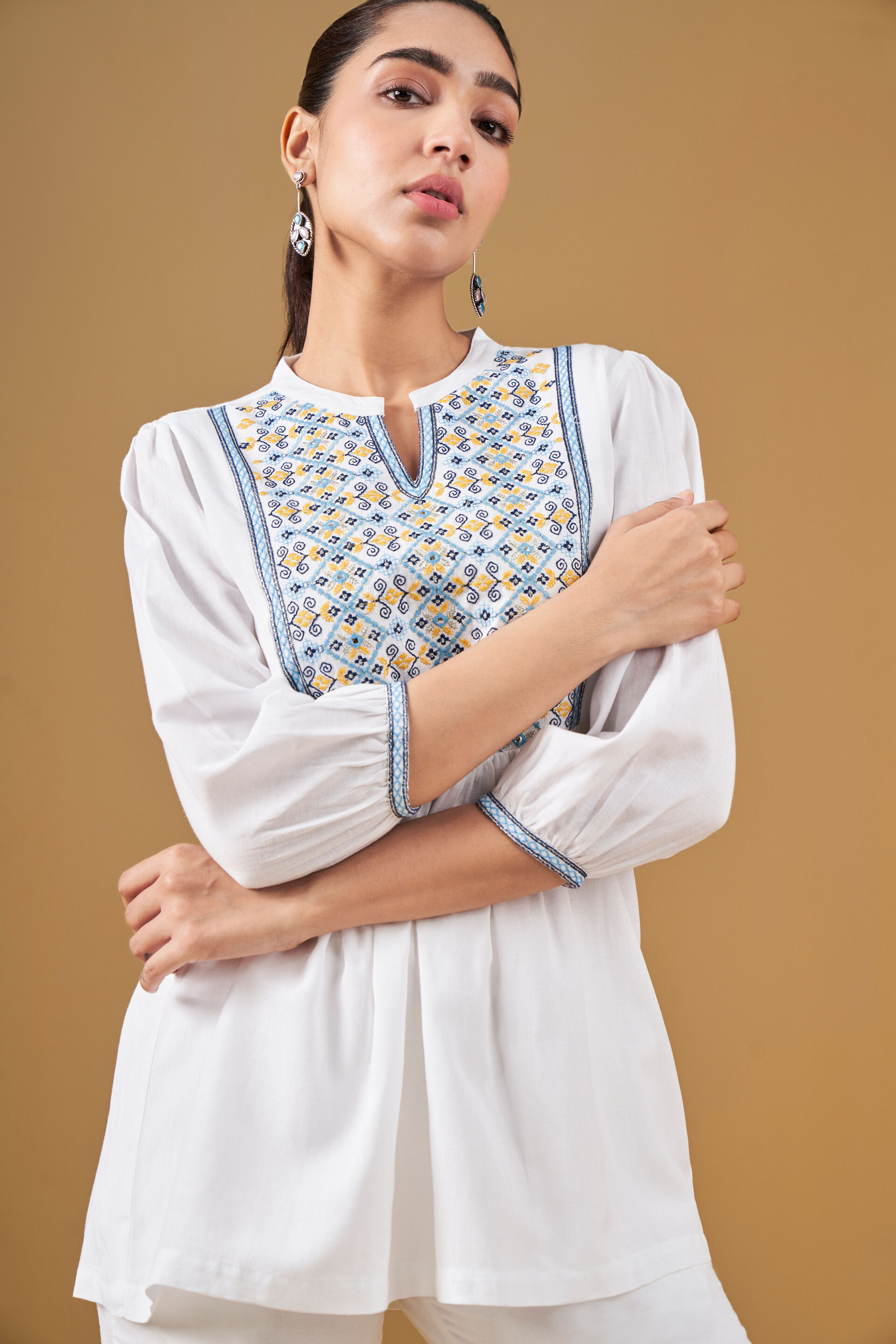 Geometric Embroidery Casual Top, White, image 4